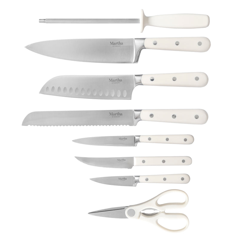 Martha Stewart Eastwalk 14pc Stainless Steel Cutlery Set w/ Acacia Wood Block - ABS Forged Handle - w/ Remailer