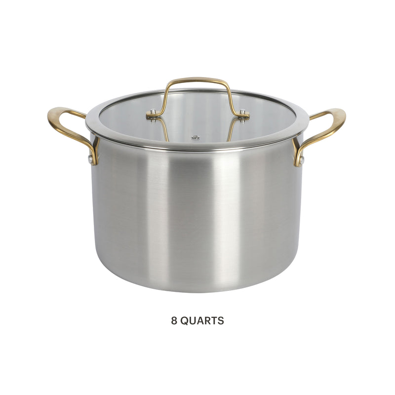 Martha Stewart Everyday Midvale 8qt Stainless Steel Stock Pot w/ Glass Lid - Gold PVD Cast Handle - Bonded Base - Color Sleeve w/ Factory Remailer