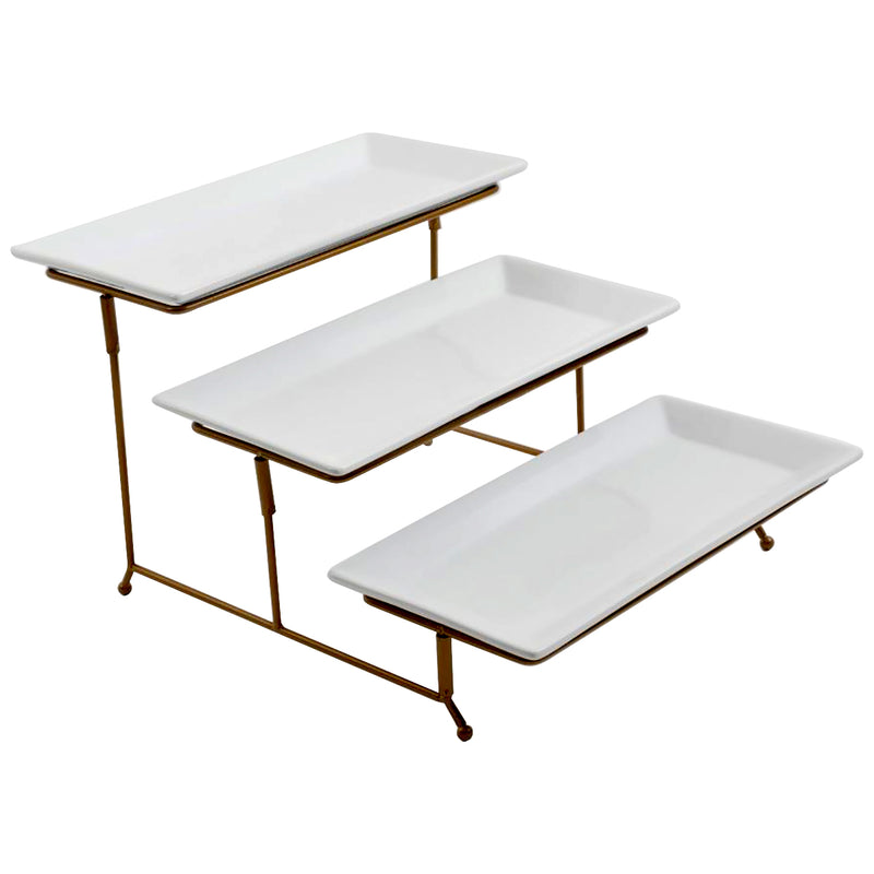 Gibson Elite Gracious Dining 3-Tier Serving Set w/ Plates & Gold Wire Stand - White - Rectangle - Stoneware - Gift Box