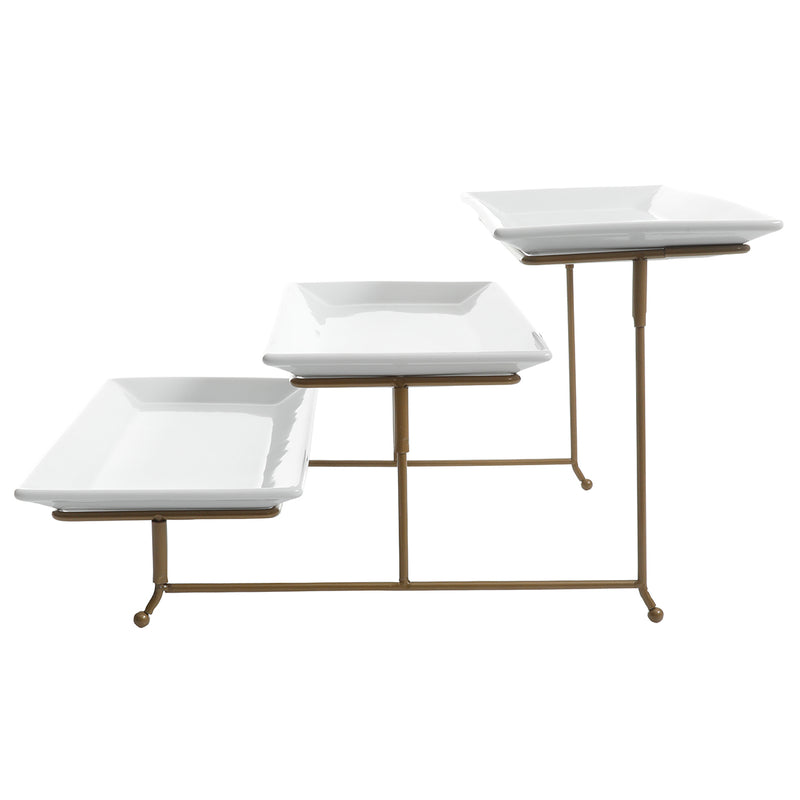 Gibson Elite Gracious Dining 3-Tier Serving Set w/ Plates & Gold Wire Stand - White - Rectangle - Stoneware - Gift Box