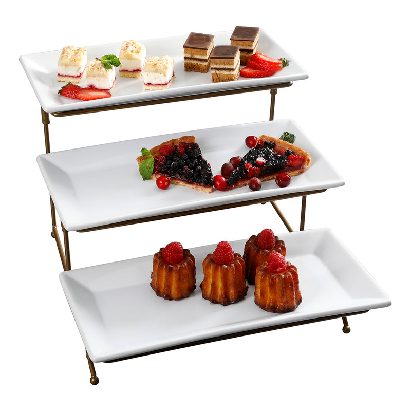 Gibson Elite Gracious Dining 3-Tier Serving Set w/ Plates & Gold Wire Stand - White - Rectangle - Stoneware - Gift Box