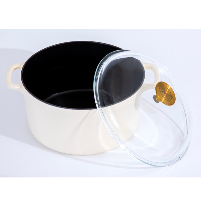 Sur La Table Kitchen Essentials Supper Club 5.5 qt Enamel Cast Iron Dutch Oven w/ Borosilicate Lid - Glossy Enamel In/Ext - Stainless Steel Knob -Enameled - Color Sleeve w/ RM