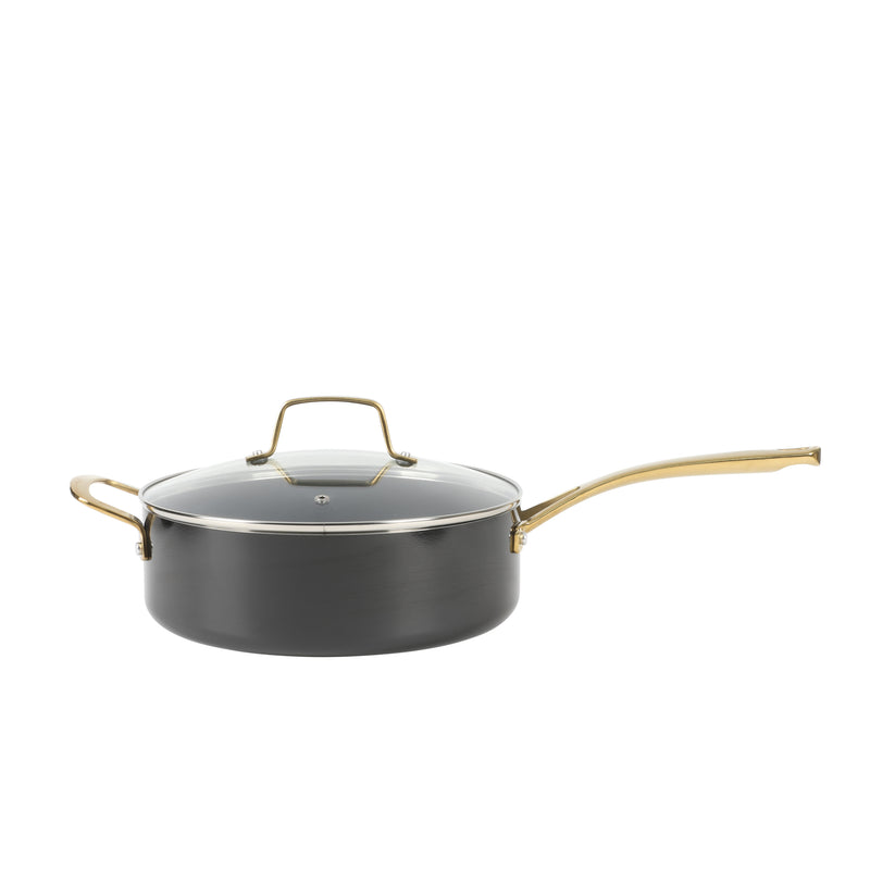 Martha Stewart 14pc Aluminum Cookware Combo Set - Black - Non Stick Interior & Enamel Exterior - Stainless Steel Long & Helper Handle w/ Gold Pvd- Factory Remailer