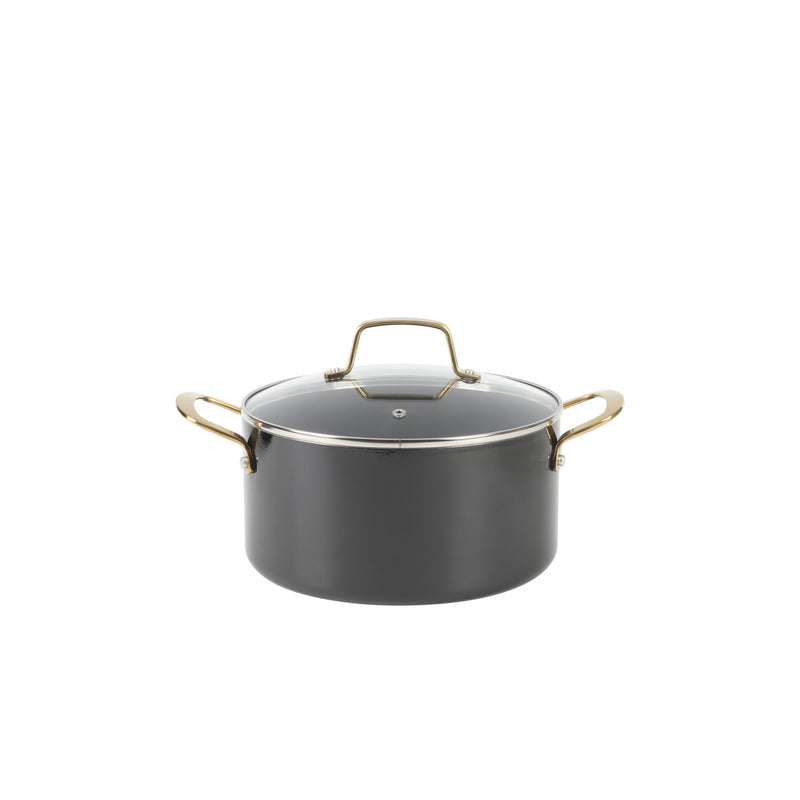 Martha Stewart 14pc Aluminum Cookware Combo Set - Black - Non Stick Interior & Enamel Exterior - Stainless Steel Long & Helper Handle w/ Gold Pvd- Factory Remailer