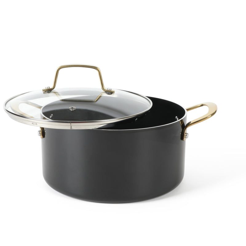 Martha Stewart 14pc Aluminum Cookware Combo Set - Black - Non Stick Interior & Enamel Exterior - Stainless Steel Long & Helper Handle w/ Gold Pvd- Factory Remailer