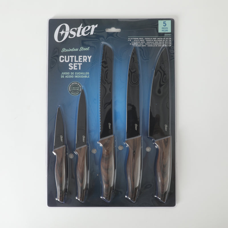 Oster Godfrey 5pc Stainless Steel Cutlery Set - Black Blade - PP Wood Look Handle - Clam Pack