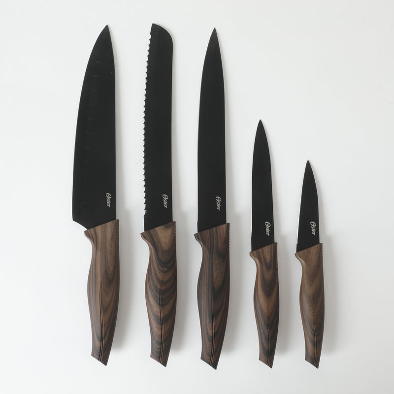Oster Godfrey 5pc Stainless Steel Cutlery Set - Black Blade - PP Wood Look Handle - Clam Pack