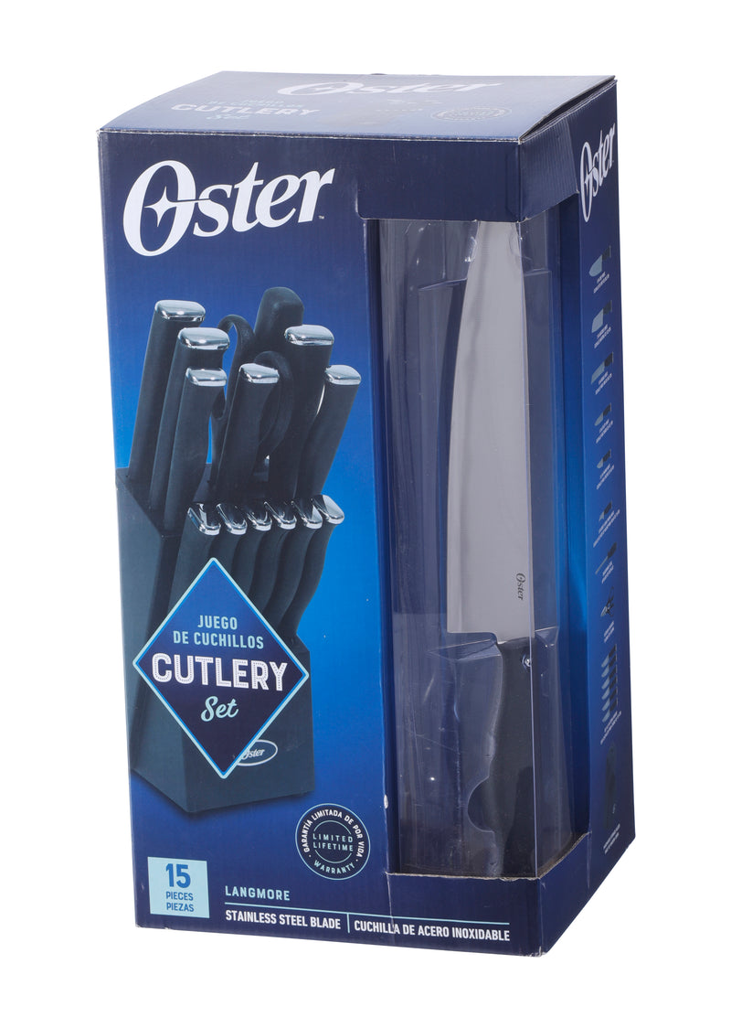 Oster Langmore 15pc Stainless Steel Cutlery Set w/ Black Block - PP Handle - Gift Box