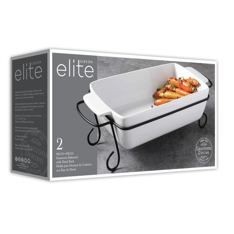 Gibson Elite Gracious Dining 15.5" Rectangular Stoneware Baker w/ Metal Rack - Gift Box