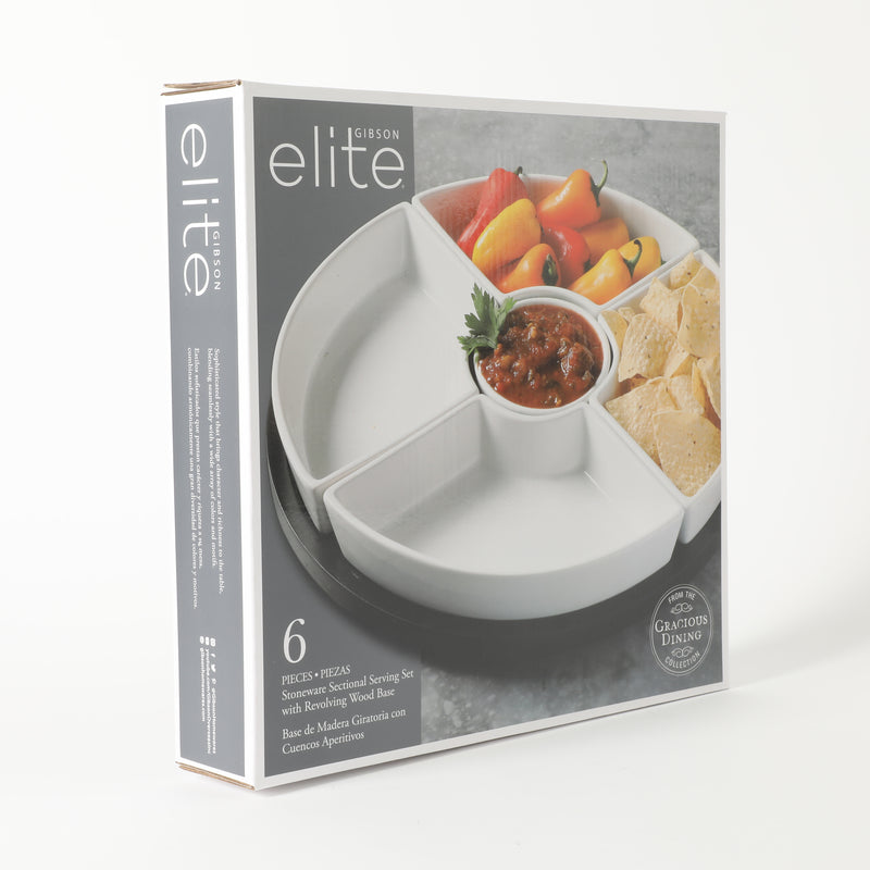 Gibson Elite Gracious Dining 5pc Tidbit Dishes w/ Rotatable MDF Wood Base - White - Stoneware - Gift Box