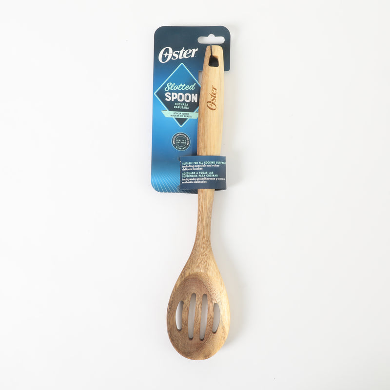 Oster Ingram Acacia Wood Slotted Spoon - Tie Card