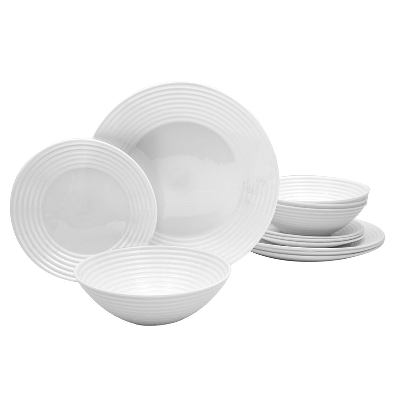 Gibson Home Ultra Patio 12pc Opal Glass Dinnerware Set - White - Embossed - Gift Box