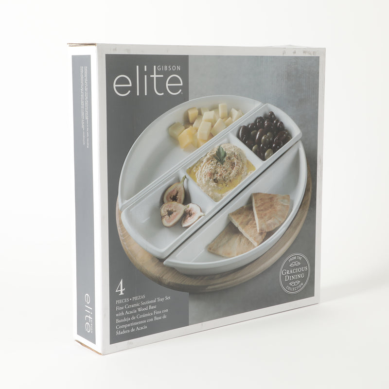 Gibson Elite Gracious Dining 3pc Tidbit Dish w/ Acacia Wood Base - White - Fine Ceramic - Gift Box