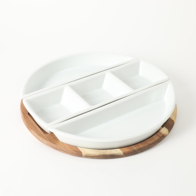 Gibson Elite Gracious Dining 3pc Tidbit Dish w/ Acacia Wood Base - White - Fine Ceramic - Gift Box