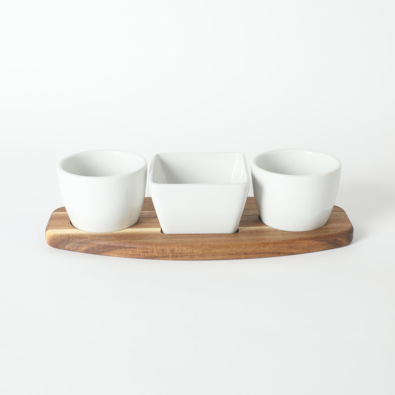 Gibson Elite Gracious Dining 3pc Tidbit Dish w/ Acacia Wood Base - White - Fine Ceramic - Gift Box