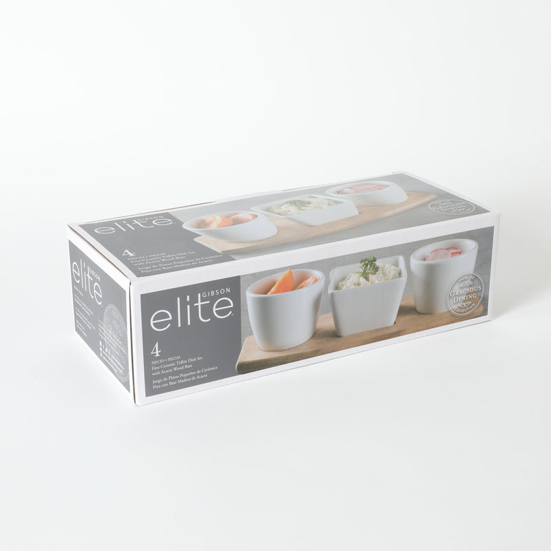 Gibson Elite Gracious Dining 3pc Tidbit Dish w/ Acacia Wood Base - White - Fine Ceramic - Gift Box
