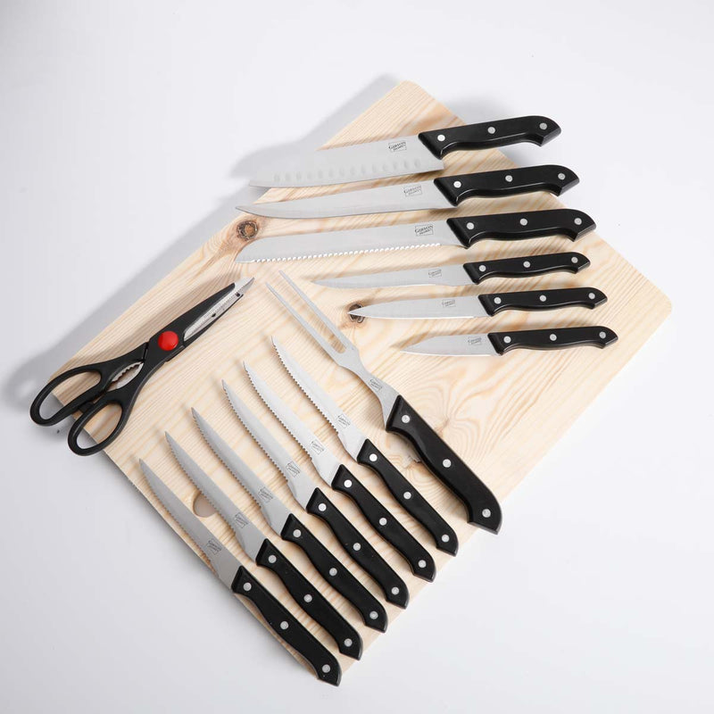 Gibson Home Wildcraft 15pc Stainless Steel Cutlery Set w/ Wood Cutting Board Set - Full Tang Riveted PP Handle - Clam Pack