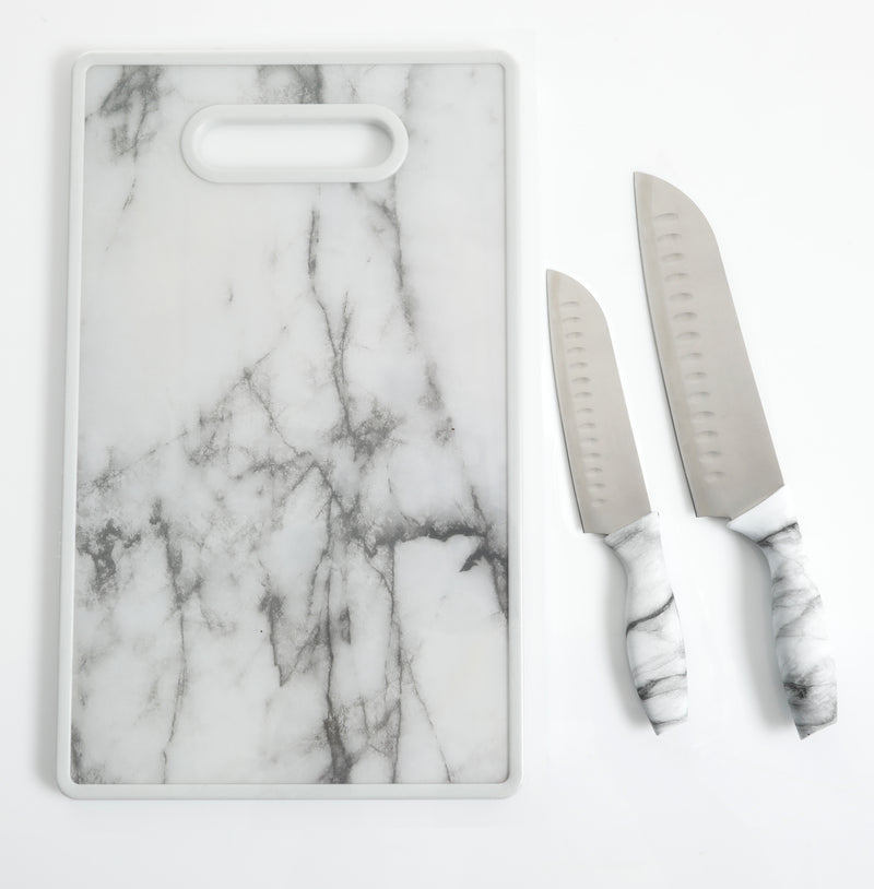 Gibson Home Beaumont 3pc Stainless Steel Cutlery Set w/ PP Marble Look Board - TPR Handle - Clam Pack