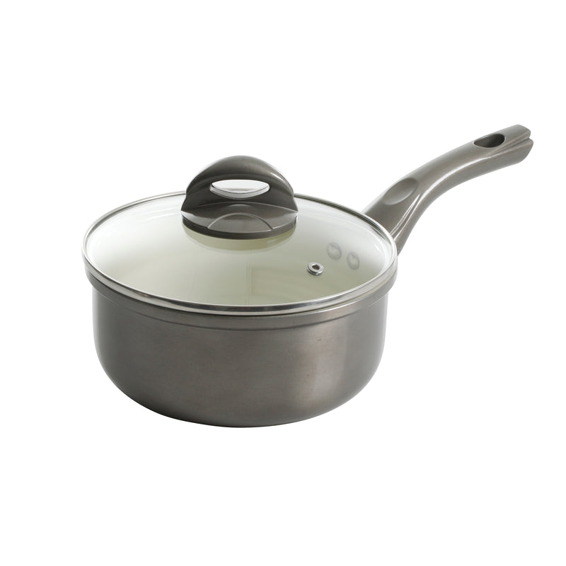 Gibson Home Hestonville 7pc Aluminum Cookware Set - Metallic Champagne - White Ceramic Interior - Forged Look - TPR Coating Handle - Gift Box