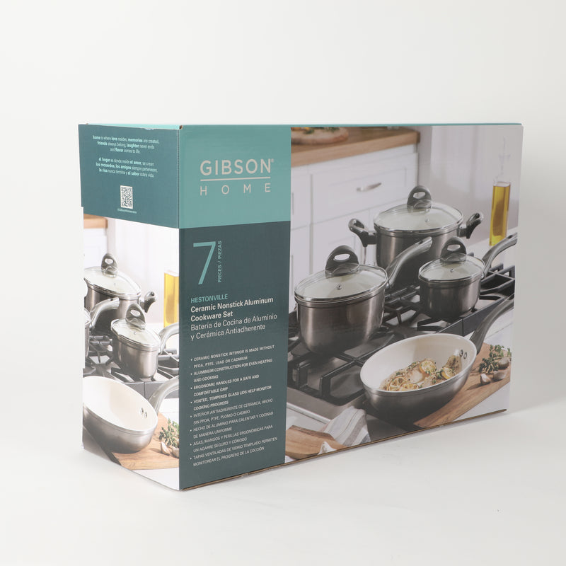 Gibson Home Hestonville 7pc Aluminum Cookware Set - Metallic Champagne - White Ceramic Interior - Forged Look - TPR Coating Handle - Gift Box