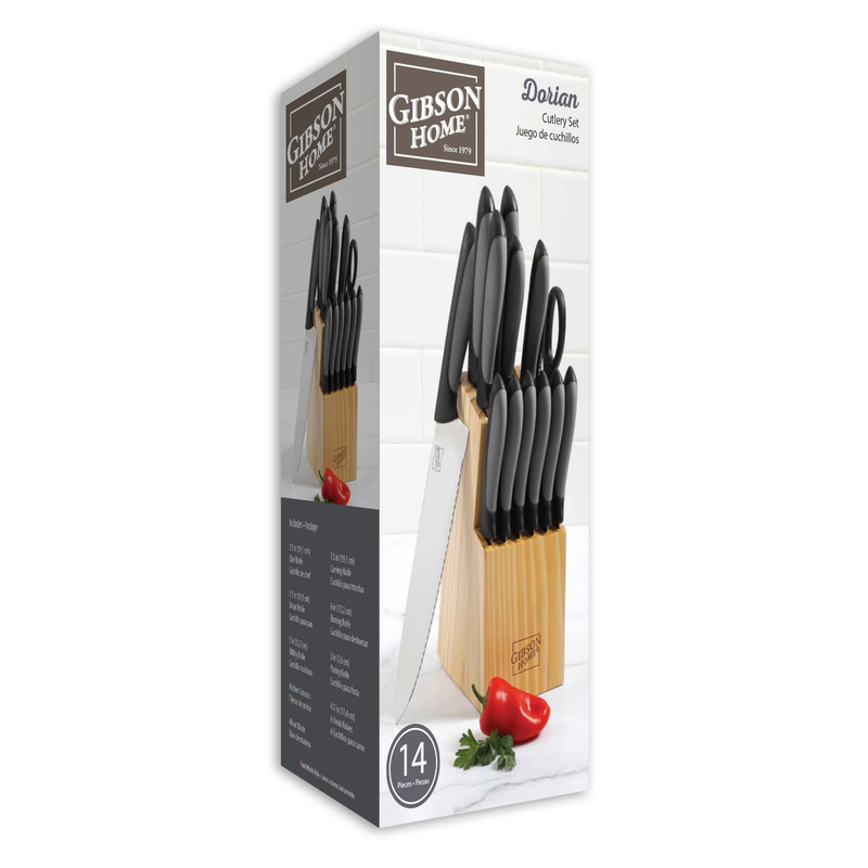 Gibson Home Dorian 14 pc Stainless Steel Cutlery  Set w/ Wood Block - Gift Box