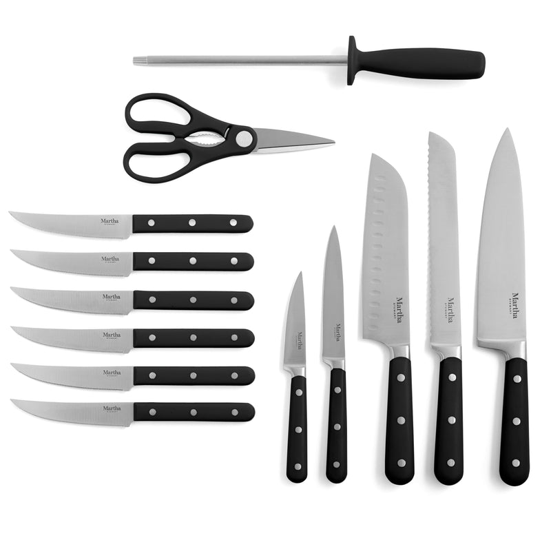 Martha Stewart Eastwalk 14pc Stainless Steel Cutlery Set w/ Acacia Wood Block - ABS Forged Handle - w/ Remailer