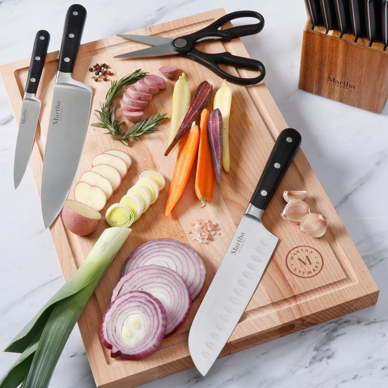Martha Stewart Eastwalk 14pc Stainless Steel Cutlery Set w/ Acacia Wood Block - ABS Forged Handle - w/ Remailer