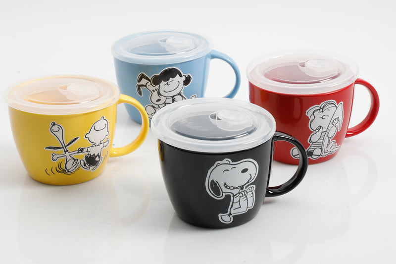 Peanuts Snoopy Pals 23.5oz Soup Bowl w/ PP Vented Lid - 4 Assorted Designs - Decorated - Stoneware - Open Stock w/ Hang Tag