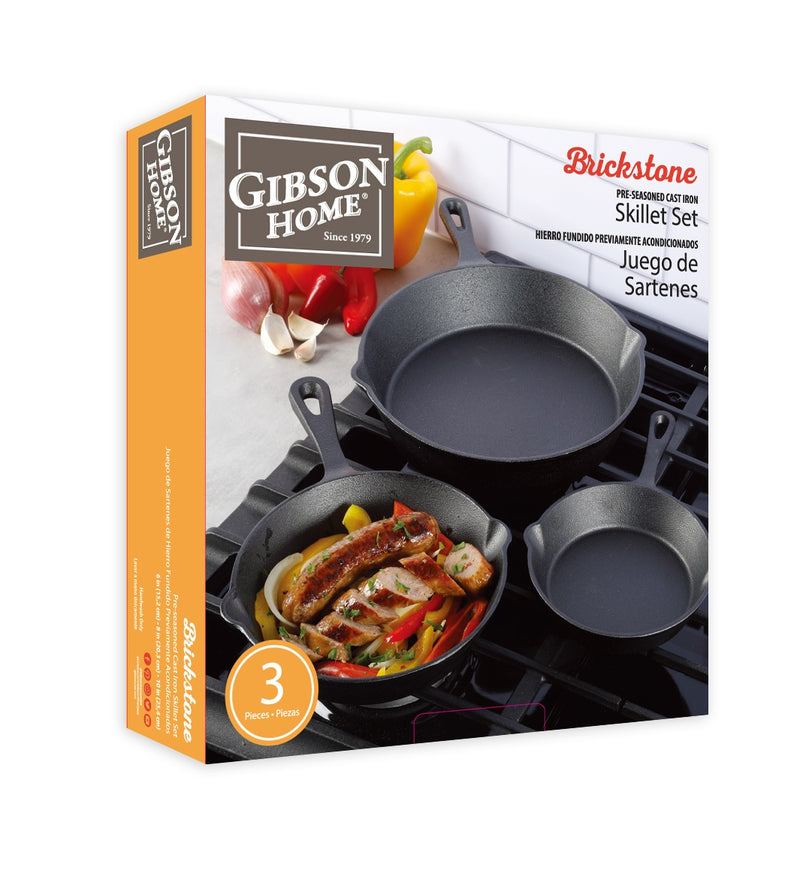 Gibson Home Brickstone 3pc Preseason Cast Iron Skillet Set - Gift Box