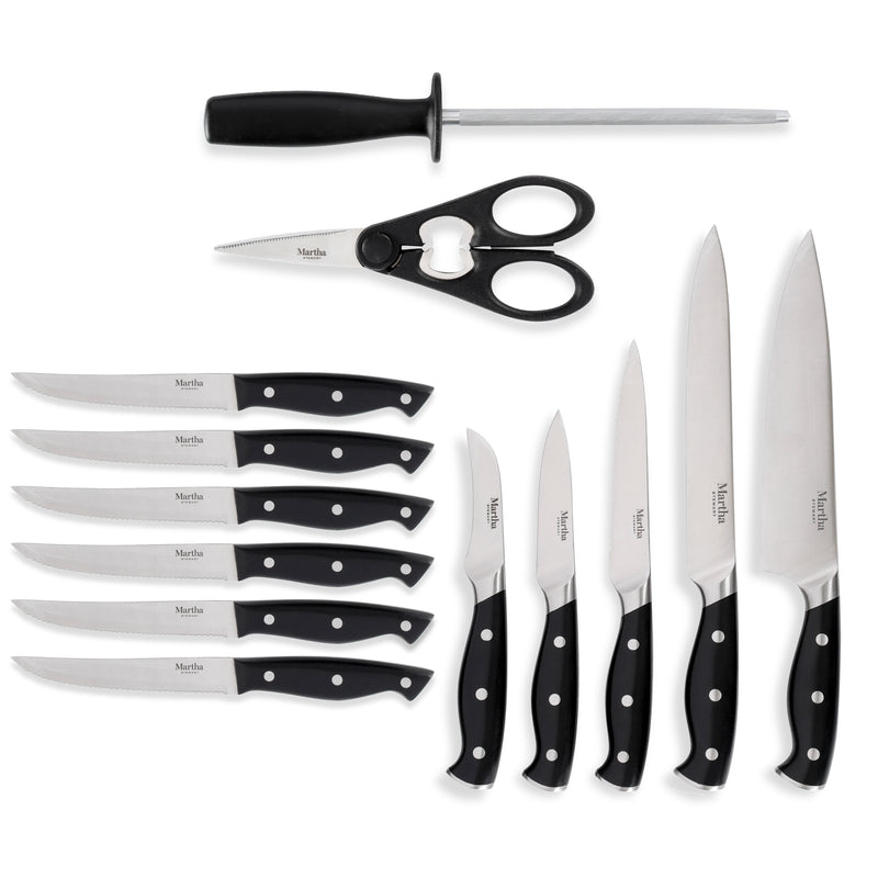 Martha Stewart Greeley 14pc Stainless Steel Cutlery Set w/ Acacia Wood Block - Black - Forged Handle - Gift Box