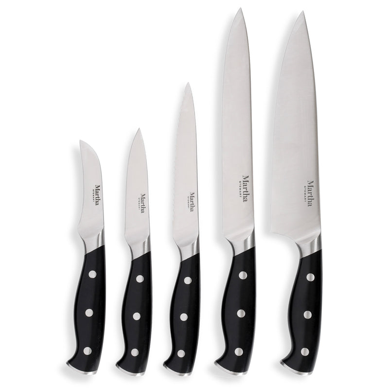 Martha Stewart Greeley 14pc Stainless Steel Cutlery Set w/ Acacia Wood Block - Black - Forged Handle - Gift Box