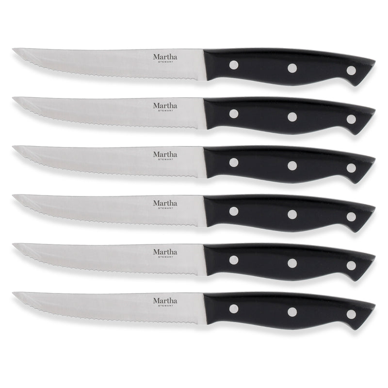 Martha Stewart Greeley 14pc Stainless Steel Cutlery Set w/ Acacia Wood Block - Black - Forged Handle - Gift Box