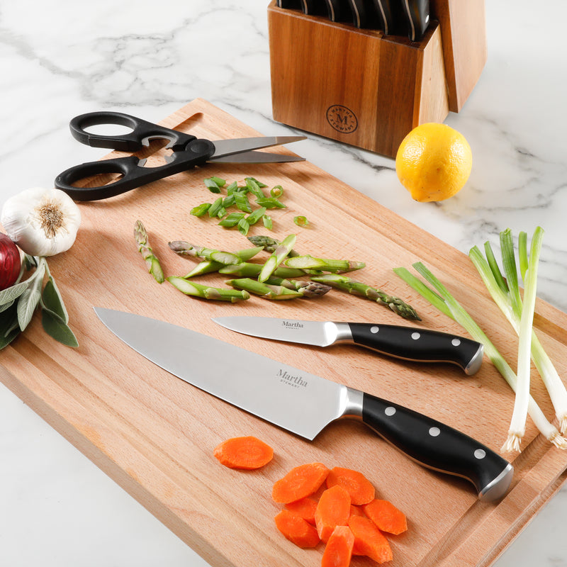 Martha Stewart Greeley 14pc Stainless Steel Cutlery Set w/ Acacia Wood Block - Black - Forged Handle - Gift Box