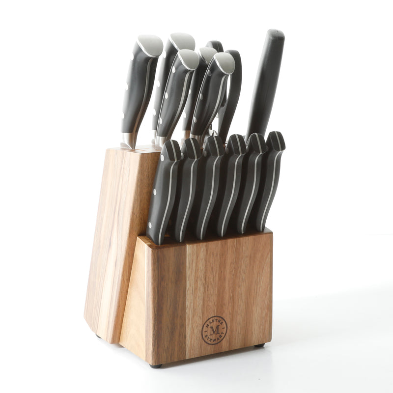 Martha Stewart Greeley 14pc Stainless Steel Cutlery Set w/ Acacia Wood Block - Black - Forged Handle - Gift Box