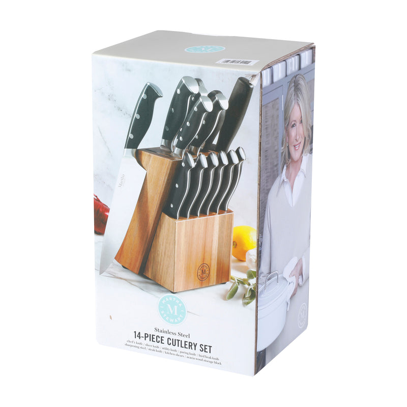 Martha Stewart Greeley 14pc Stainless Steel Cutlery Set w/ Acacia Wood Block - Black - Forged Handle - Gift Box
