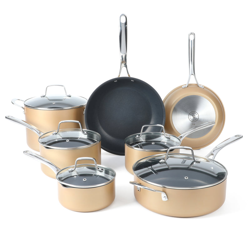 Martha Stewart Rittenhouse 12pc Aluminum Cookware Set w/ Glass Lids - Color Anodized - Non Stick Interior & Exterior - Stainless Steel Induction Base - Cast Handles - Factory Remailer