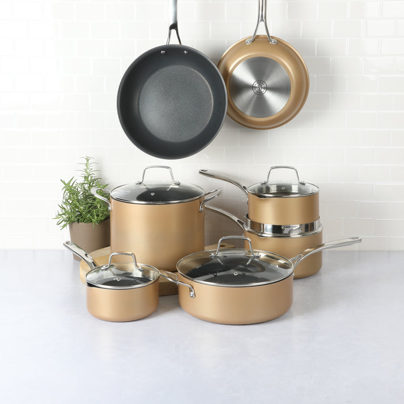 Martha Stewart Rittenhouse 12pc Aluminum Cookware Set w/ Glass Lids - Color Anodized - Non Stick Interior & Exterior - Stainless Steel Induction Base - Cast Handles - Factory Remailer