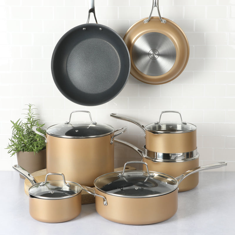 Martha Stewart Rittenhouse 12pc Aluminum Cookware Set w/ Glass Lids - Color Anodized - Non Stick Interior & Exterior - Stainless Steel Induction Base - Cast Handles - Factory Remailer