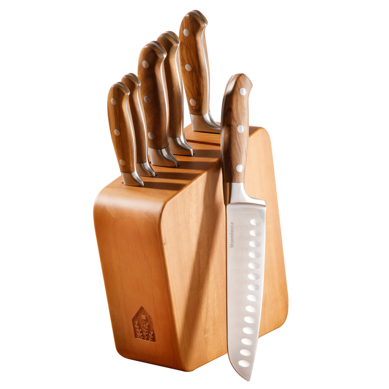 Bloomhouse 7pc German Steel Cutlery Set w/ Wood Block - Olive Wood Forged Handle - Stainless Steel - Gift Box w/ Remailer