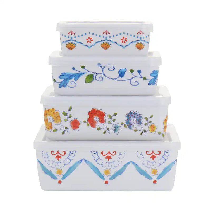 Gibson Home Anaya 8pc Nesting Food Storage Set w/ PP Lid -Rectangle - Decorated - Melamine - 400G - Color Sleeve w/ Shrink Wrap