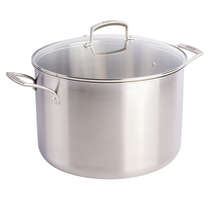 Babish 12 qt Triply Stainless Steel Stock Pot - Cast Stainless Steel Handle - Gift Box w/ Remailer