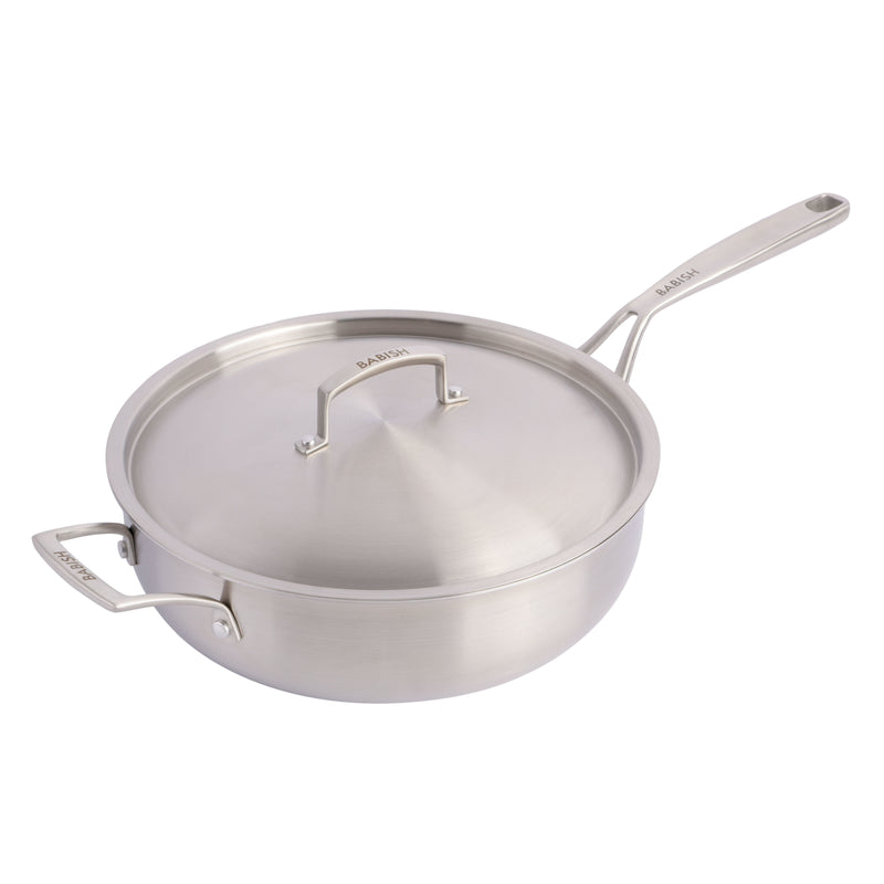 Babish 5qt Triply Stainless Steel Covered Sauté w/ Lid - Cast Stainless Steel Handle & Lid - Gift Box w/ Remailer