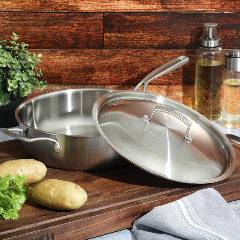 Babish 5qt Triply Stainless Steel Covered Sauté w/ Lid - Cast Stainless Steel Handle & Lid - Gift Box w/ Remailer