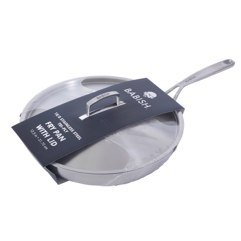 Babish 12.5" Stainless Steel Triply Fry Pan w/ Stainless Steel Lid - Color Sleeve w/ Remailer