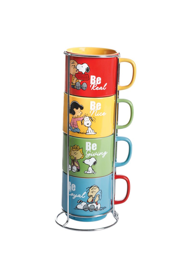 Peanuts Gentle Reminders 4pc 14.8oz Cups w/ Metal Stand - 4 Assorted Designs - Decorated -Stoneware - Gift Box