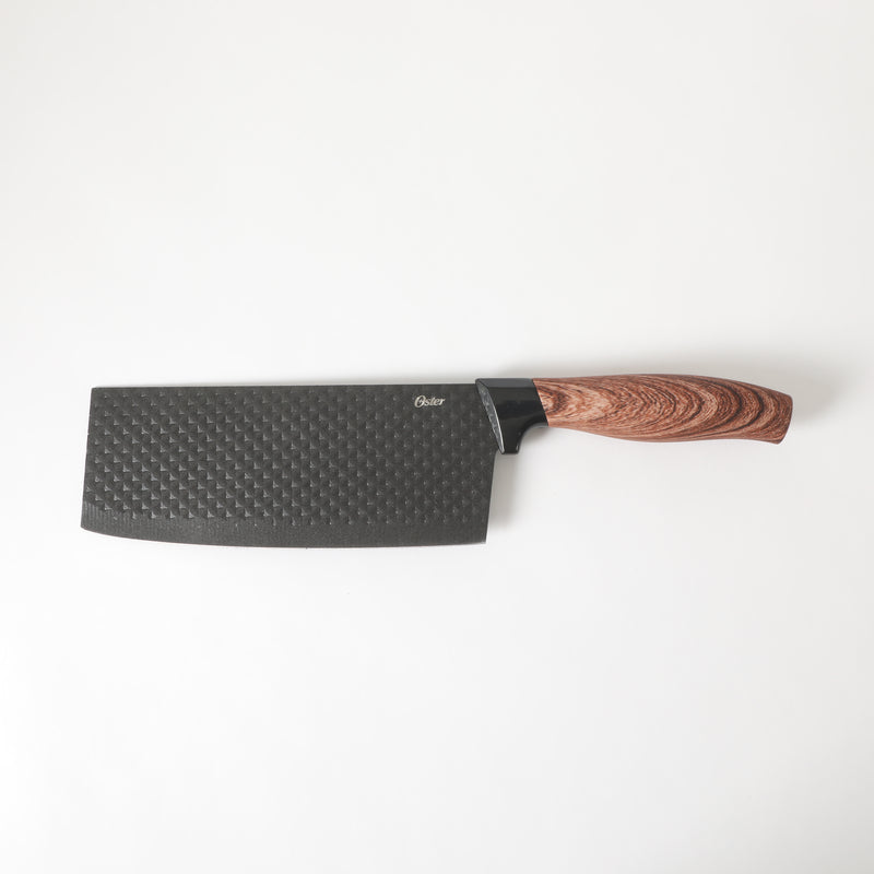 Oster Gunderson 2pc Stainless Steel 7" Cleaver & Scissors - Black Textured Nonstick Blade - ABS Bolster/PP Wood Look Handle - Clam Pack