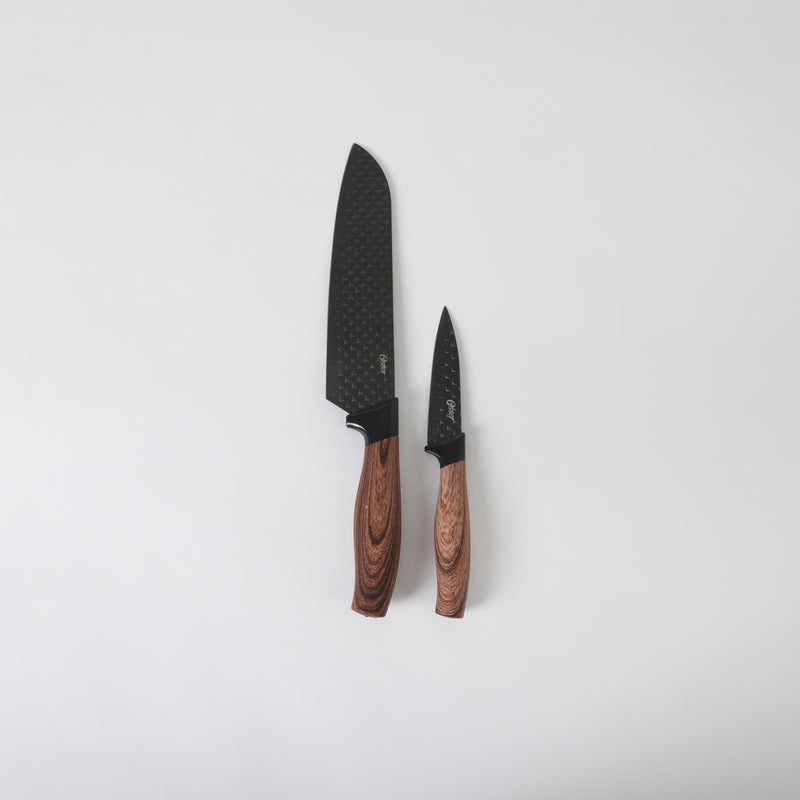 Oster Gunderson 2pc Stainless Steel Santoku & Paring Knife Set - Black Textured Nonstick Blade - ABS Bolster/ PP Wood Look Handle - Clam Pack