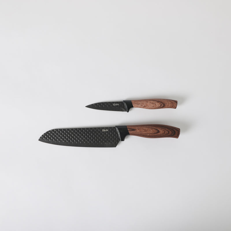 Oster Gunderson 2pc Stainless Steel Santoku & Paring Knife Set - Black Textured Nonstick Blade - ABS Bolster/ PP Wood Look Handle - Clam Pack