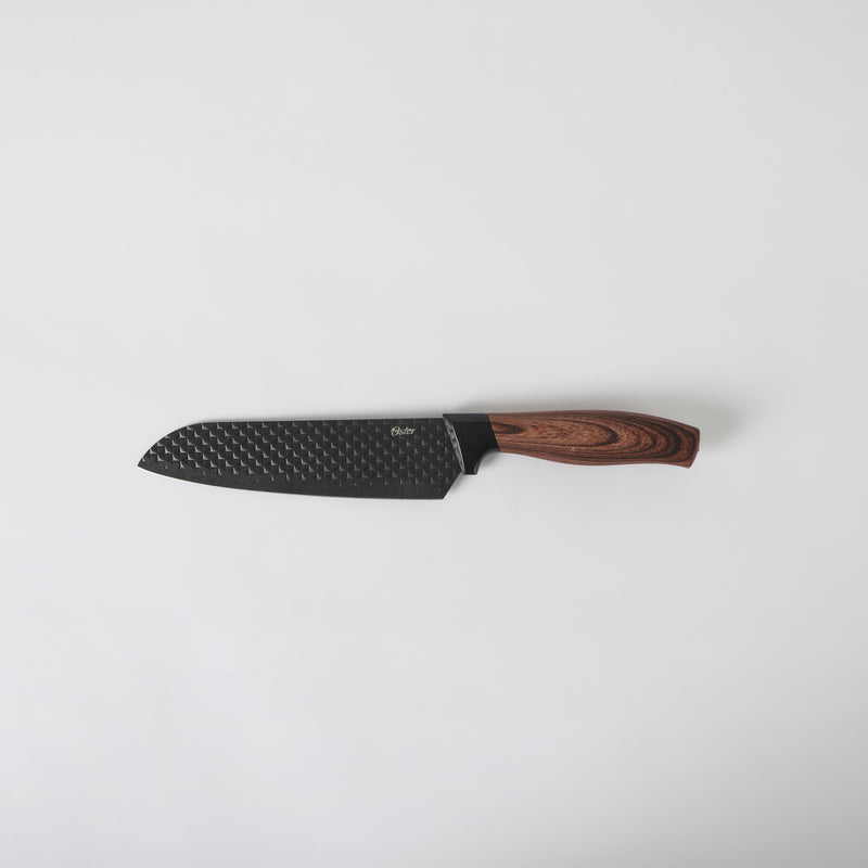 Oster Gunderson 2pc Stainless Steel Santoku & Paring Knife Set - Black Textured Nonstick Blade - ABS Bolster/ PP Wood Look Handle - Clam Pack