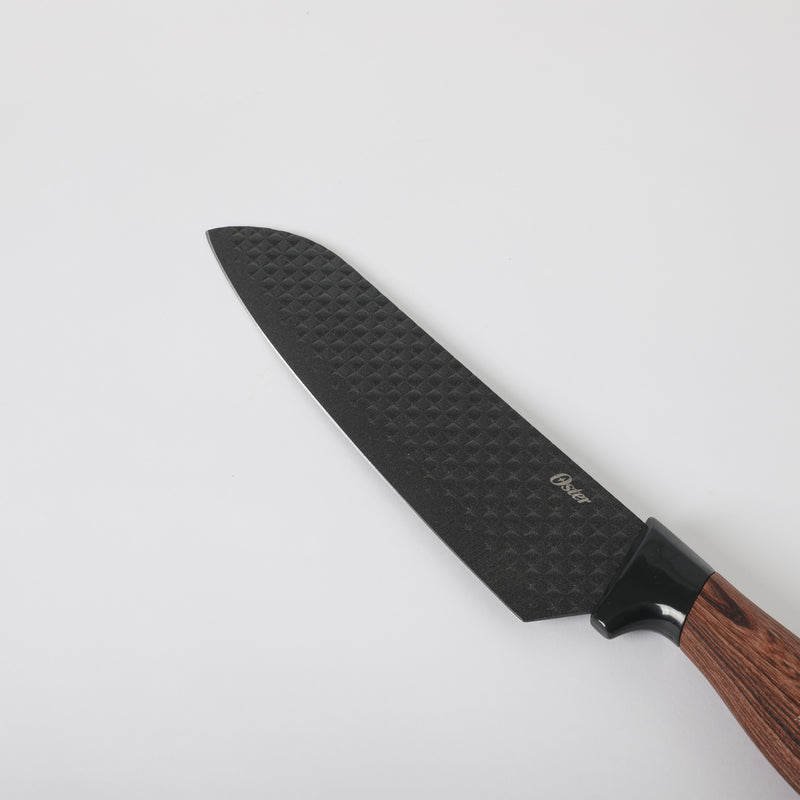 Oster Gunderson 2pc Stainless Steel Santoku & Paring Knife Set - Black Textured Nonstick Blade - ABS Bolster/ PP Wood Look Handle - Clam Pack